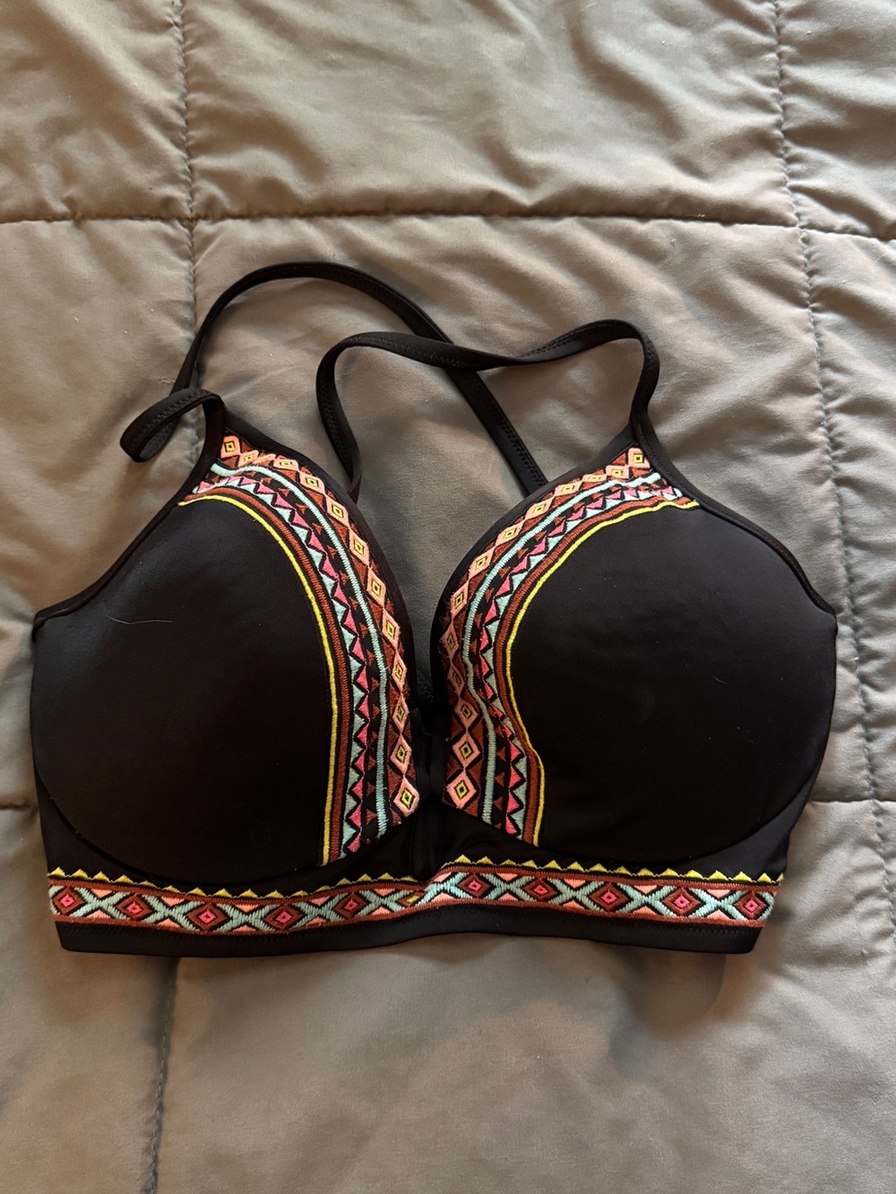 34DD Black Bikini Top with Multicolor Geometric Trim